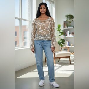 Sheer Floral Mesh Long Sleeve Top Neutral Layering
